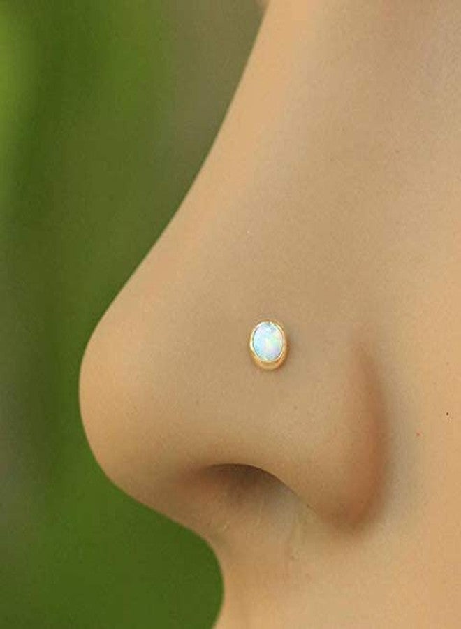 biliboom 14K Gold Nose Stud - White Opal Nose Ring - L Shape Nostril Piercing - Tiny Dainty Gold Nose Jewelry - Minimal Opal Piercing for Women - Image 2